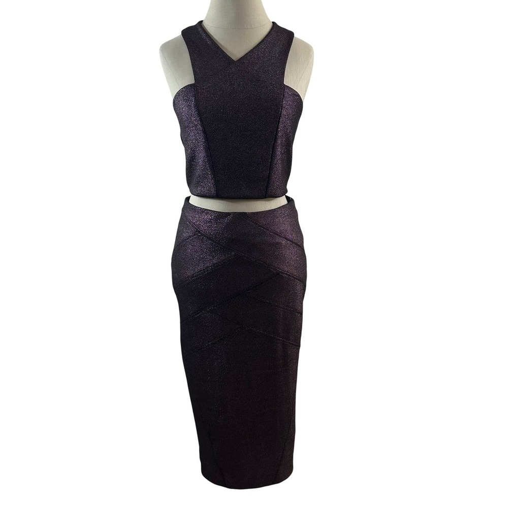 Express Womens 2 Piece Skirt Set Metallic Purple‎ Shimmer Crop Top Midi Skirt S